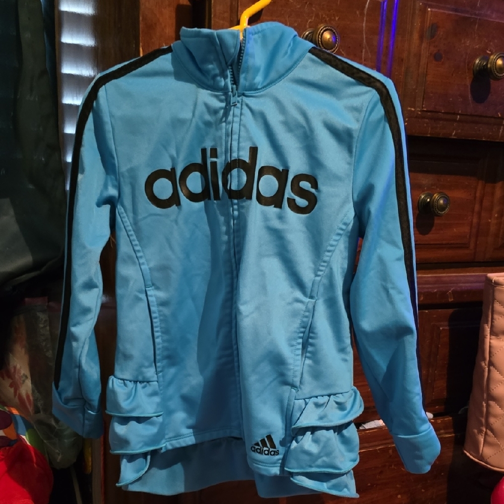 !!.              Girls Size 5  Bright Blue Track Jacket with Black Logo